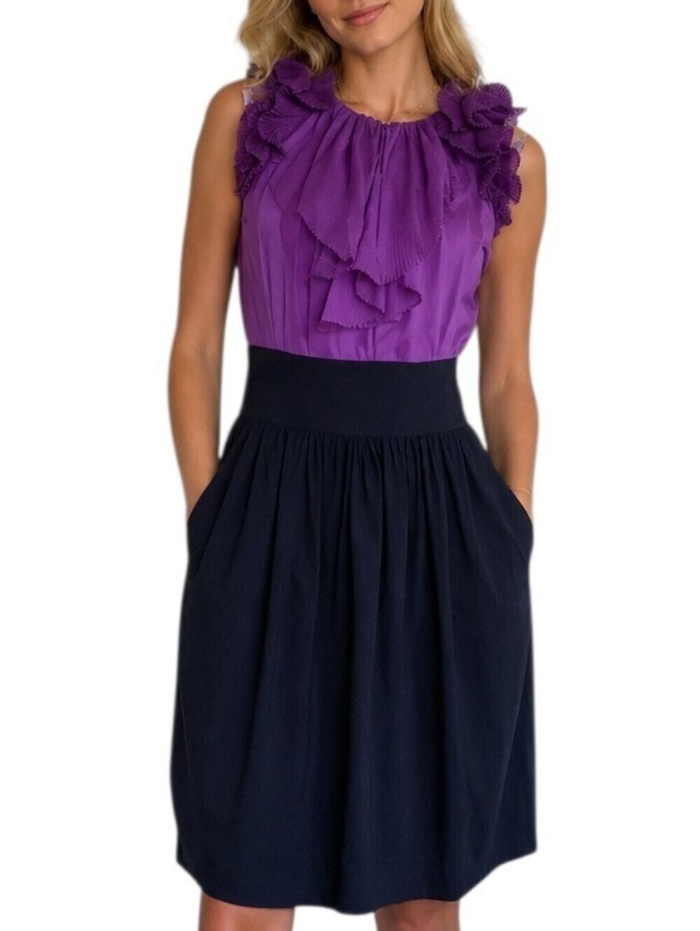 NWT BCBGMaxAzria Cocktail Dress Silk Women 6 Ruffle Purple Black